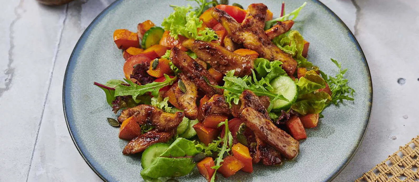Insalata calda di pollo e zucca con Mirin