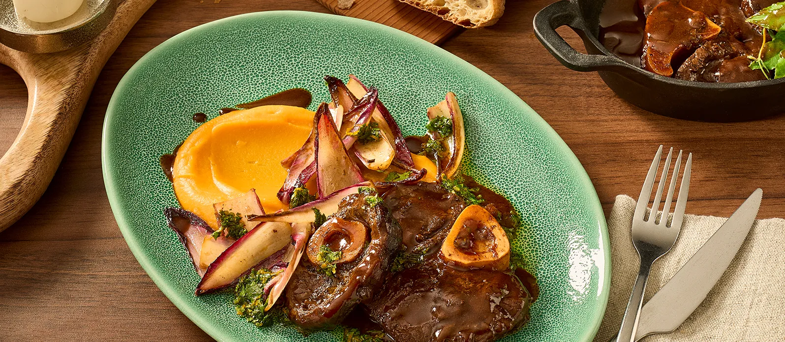 Ossobuco di cervo con purè di patate dolci