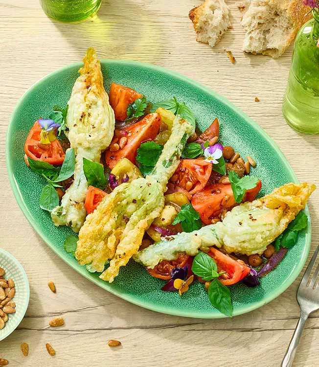 Fiori di zucca con pomodori teriyaki