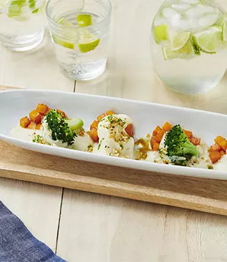 Sformato di broccoli, cavolfiore e zucca glassata con granella croccante di salsa di soia