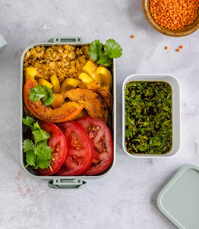 Bowl con lenticchie e zucca al forno